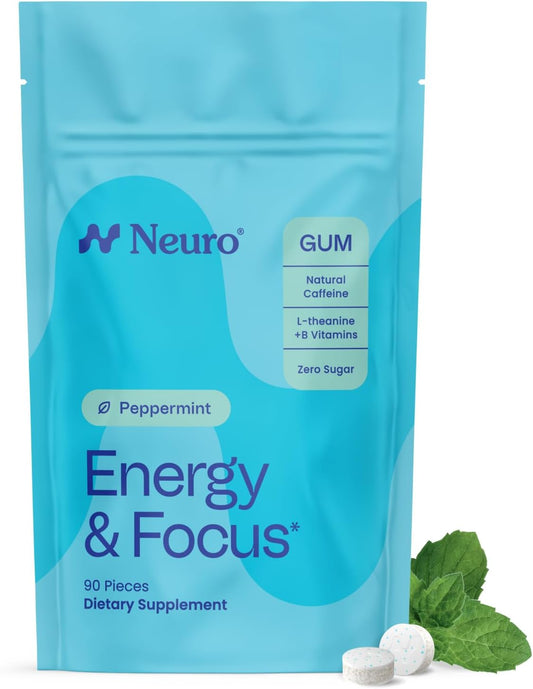 Neuro Energy & Focus Gum, 90 Count | 40mg Natural Caffeine Gum, 60mg L-Theanine, Vitamin B6 + B12, Sugar Free, Vegan, Clean Nootropic Energy & Focus Supplement