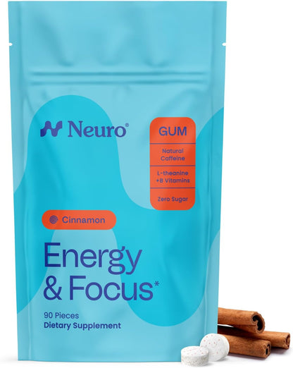 Neuro Energy & Focus Gum - Caffeine Gum with 40mg Natural Caffeine & L-Theanine - Nootropic Energy Supplement with B Vitamins - Sugar Free, Vegan - 90ct
