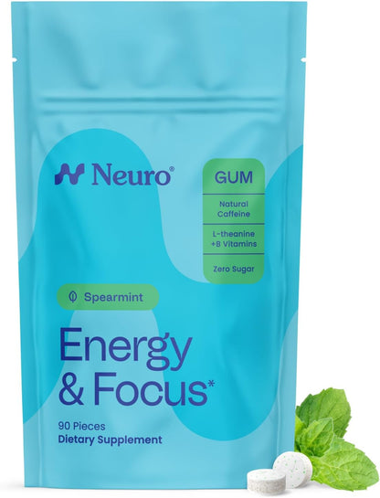 Neuro Energy & Focus Gum - Caffeine Gum with 40mg Natural Caffeine & L-Theanine - Nootropic Energy Supplement with B Vitamins - Sugar Free, Vegan - 90ct