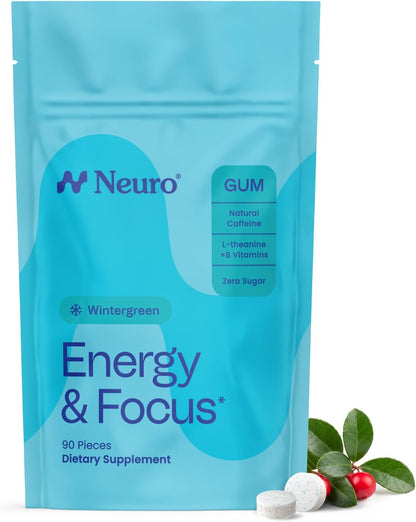 Neuro Energy & Focus Gum, 90 Count | 40mg Natural Caffeine Gum, 60mg L-Theanine, Vitamin B6 + B12, Sugar Free, Vegan, Clean Nootropic Energy & Focus Supplement