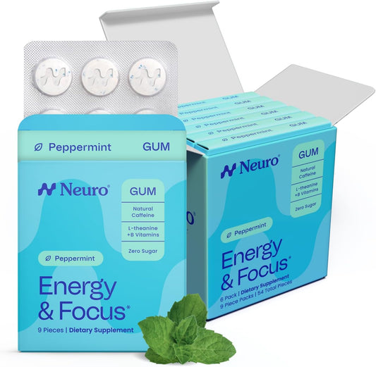 Neuro Energy & Focus Gum,  54 Count | 40mg Natural Caffeine Gum, 60mg L-Theanine, Vitamin B6 + B12, Sugar Free, Vegan, Clean Nootropic Energy & Focus Supplement