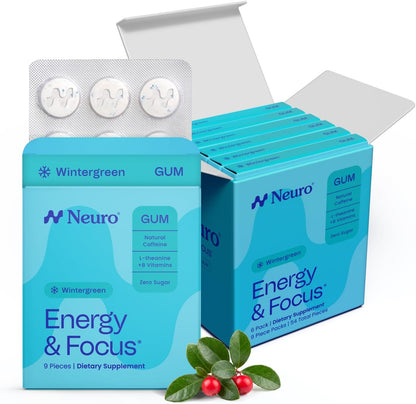 Neuro Energy & Focus Gum,  54 Count | 40mg Natural Caffeine Gum, 60mg L-Theanine, Vitamin B6 + B12, Sugar Free, Vegan, Clean Nootropic Energy & Focus Supplement