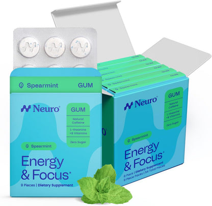 Neuro Energy & Focus Gum,  54 Count | 40mg Natural Caffeine Gum, 60mg L-Theanine, Vitamin B6 + B12, Sugar Free, Vegan, Clean Nootropic Energy & Focus Supplement